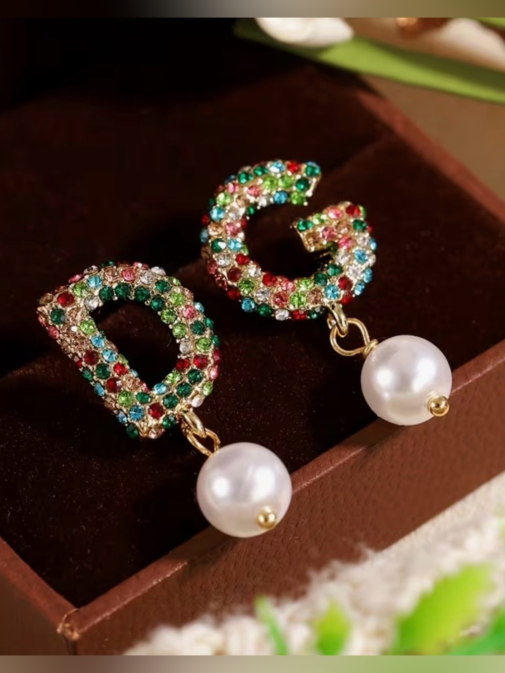 Multicolor Crystal Initial D & G Drop Earrings with Pearl Accent